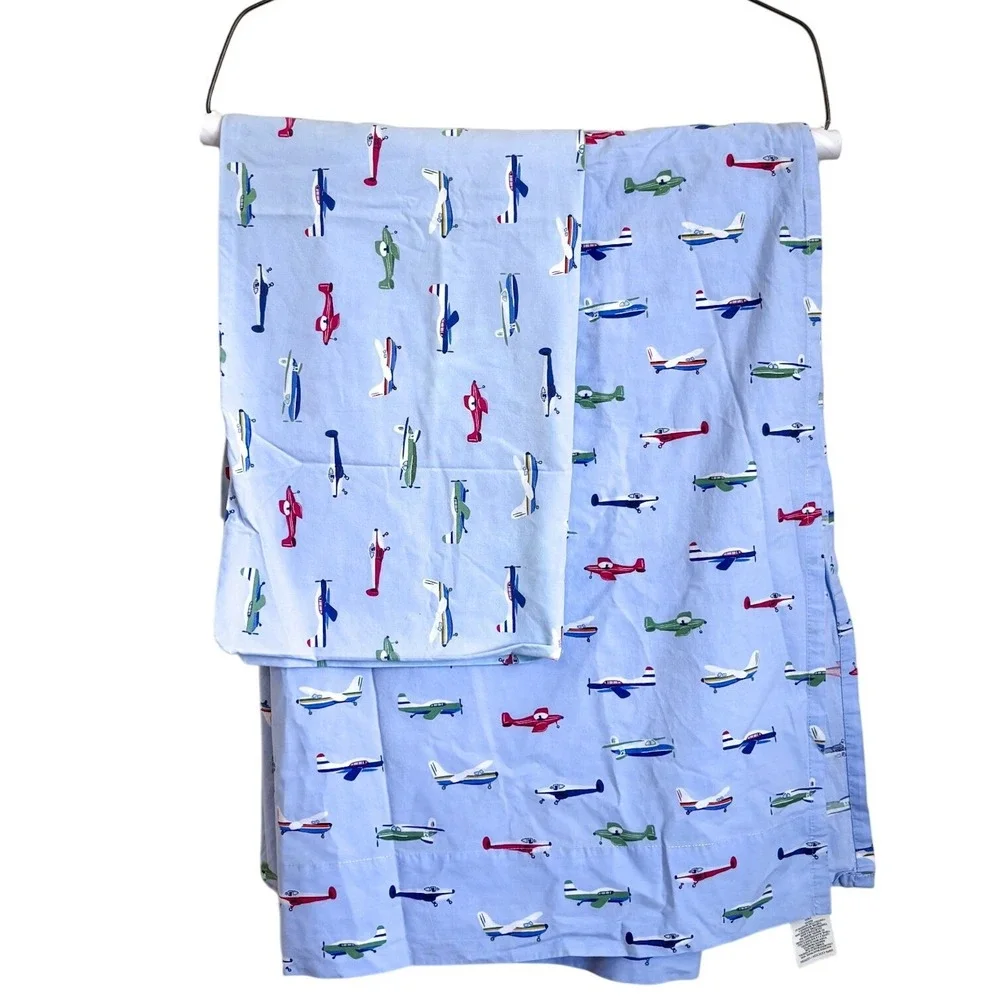 Pottery Barn Airplane Flat‎ Sheet 1 Pillowcase Twin Size 100% Cotton Blue